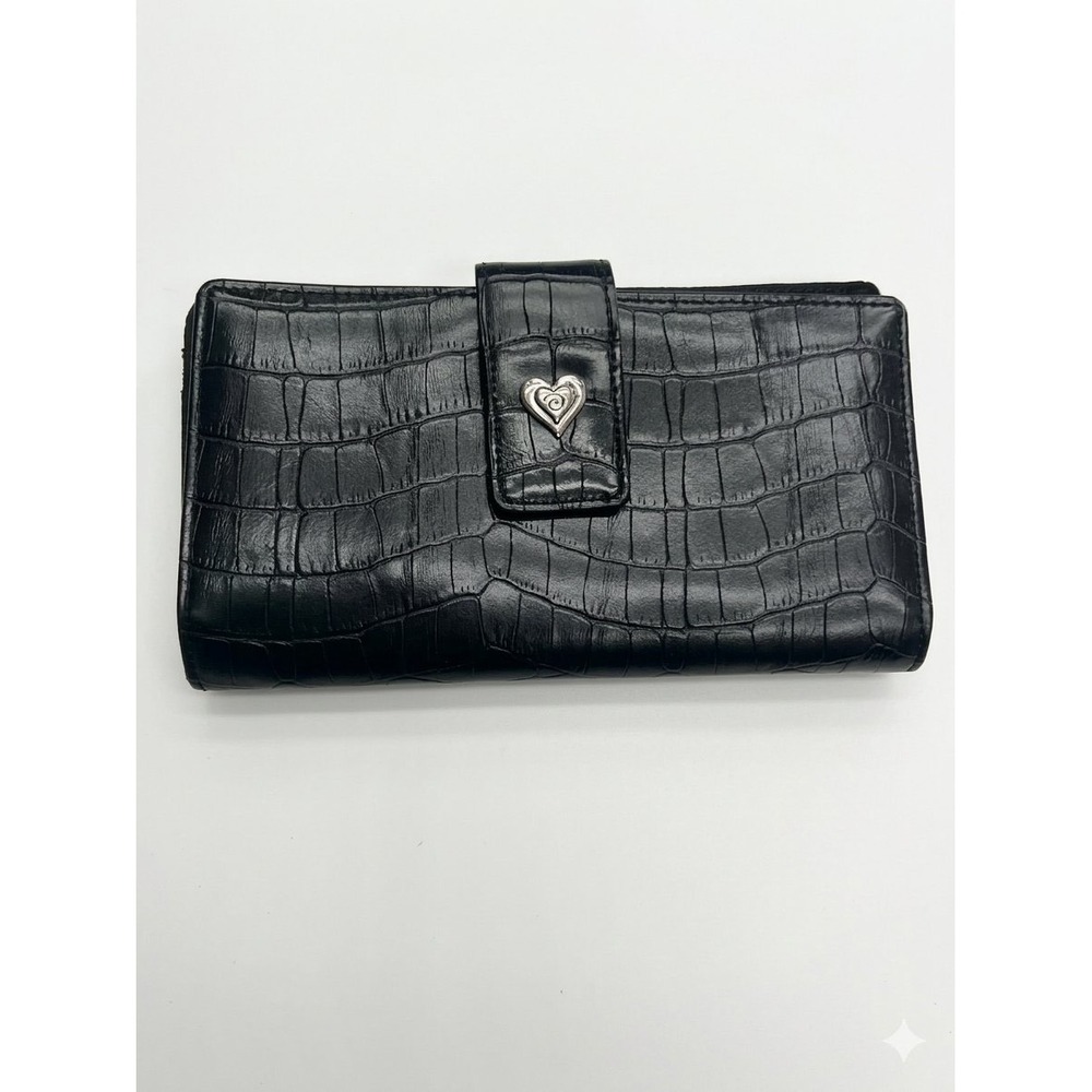 VTGBrighton Wallet Women OS Black Faux Croc Heart Snap Kisslock Slim